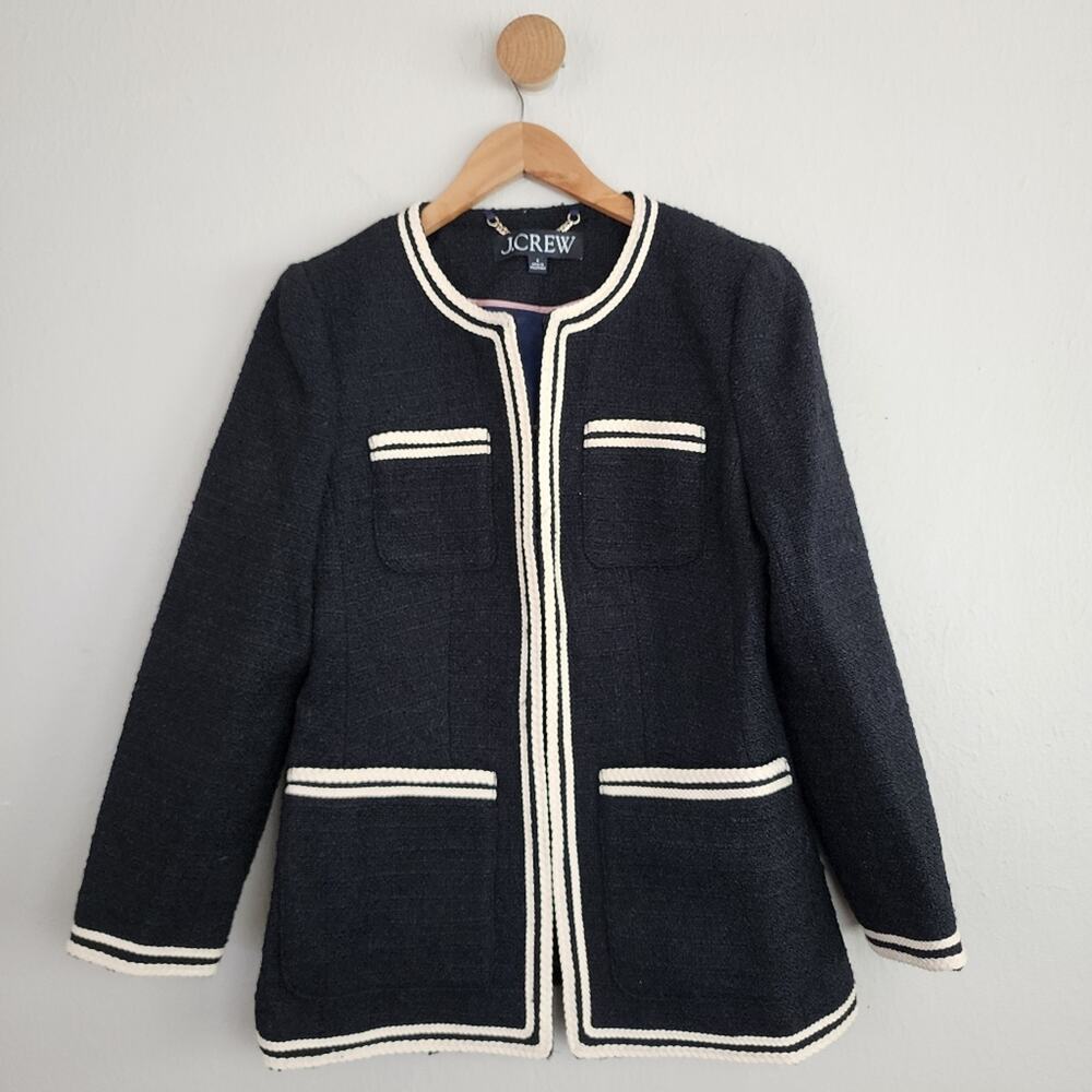 J.Crew Longer Tweed Lady Jacket Wool Blend Black Maritime Contrast Trim Size 4